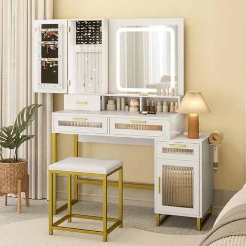 CHARMAID Vanity Desk with Mirror and Lights, White Makeup Vanity Desk with Jewelry Organizer, 4 Drawers, Side Cabinet, Charging Station, 44