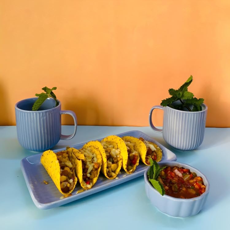 Image of Premium Stoneware Ceramic Mug & Serving Set (Set Of 3) | Handmade Striped Tea & Coffee Mugs with Tray & Dip Bowl | Microwave Safe, Dishwasher Safe Cups for Hot & Cold Beverages| Blue