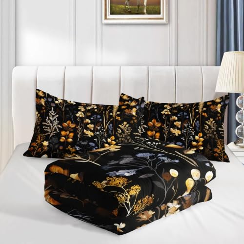Image of AILONEN Midnight Meadow Full Comforter Set 3 Piece, Amber Floral Bedding, Cream Branch Garden Pattern, Teen Room, 2 Pillowcases