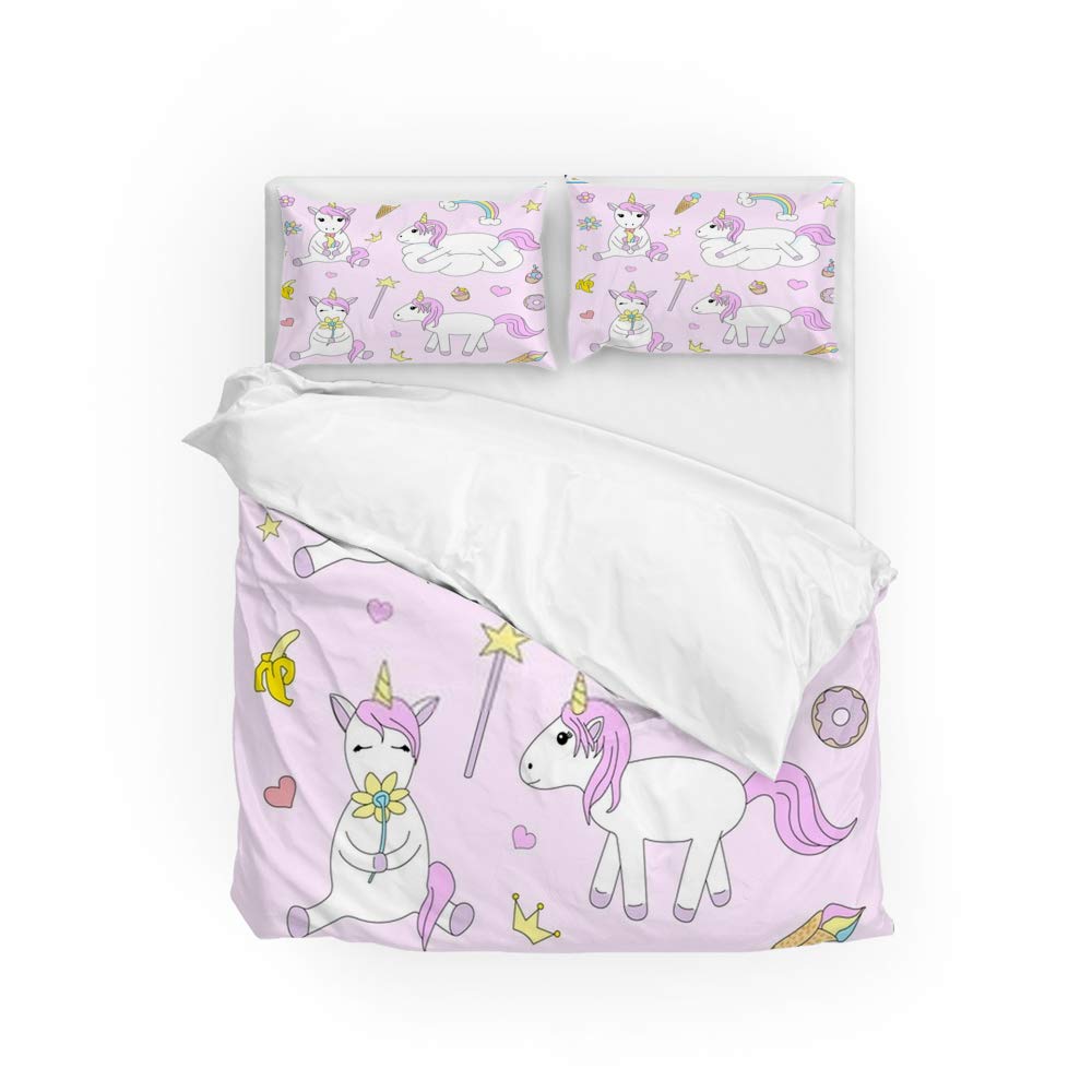 Housse de couette licorne rose anti-plis en microfibre souple pour lit double