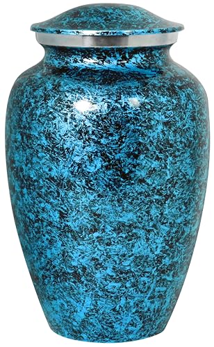Image of ALPHA Living HOME Cremation Urn for Human Ashes Adult - Handcrafted Aluminum Memorial Funeral Urn with Marble Finish, Decorative Burial Urn with Secure Screw Lid (Blue)