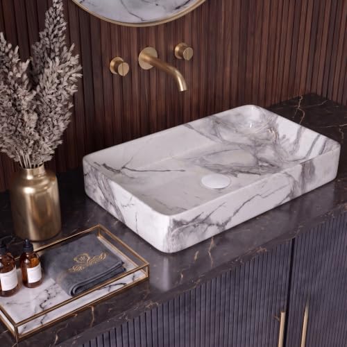 Image of Designer Table Top Wash Basin For Bathroom | Wash Basin Over Counter | Countertop Bathroom Sink (24 x 14 x 5 Inch) (Designer White Grey)