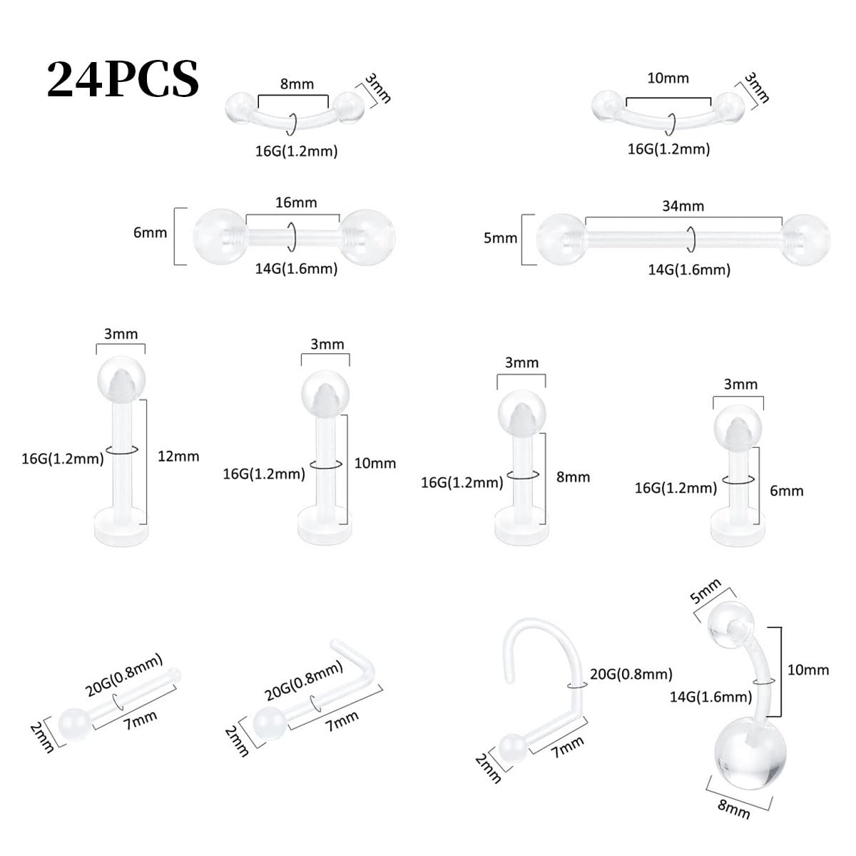 24 Pcs Piercing Plastique Retainers Transparent Invisible - Nez, Oreille, Nombril, Lèvre, Septum, Helix, Langue, Téton Pour IRM