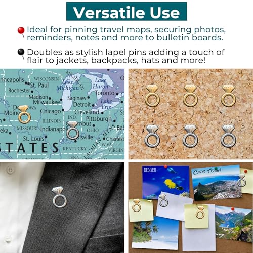Image of Engagement Ring Push Pins - Silver Diamond Ring Map Pins for Cork Boards, Maps, or Lapel Use - Designed in USA - Set of 10