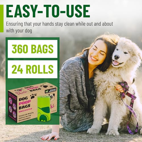 Image of Dog Poop Bags - Extra Strong, Leak-Proof, Unscented, 360 Count (24 Rolls), 9x13 Inches, Corn Starch-Based