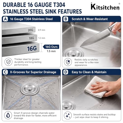 Image of Kitsitchen Double Bowl RV Kitchen Sinks 27 x 16, T304 Stainless Steel Sink