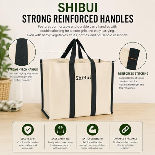 Image of SHIBUI Canvas Grocery Shopping Bag - Large Reusable Tote (17x8.5x14 inch) with Reinforced Handles & Bottom Insert - Heavy Duty, Foldable, Washable, Jhola Bag for Vegetables & Fruits.