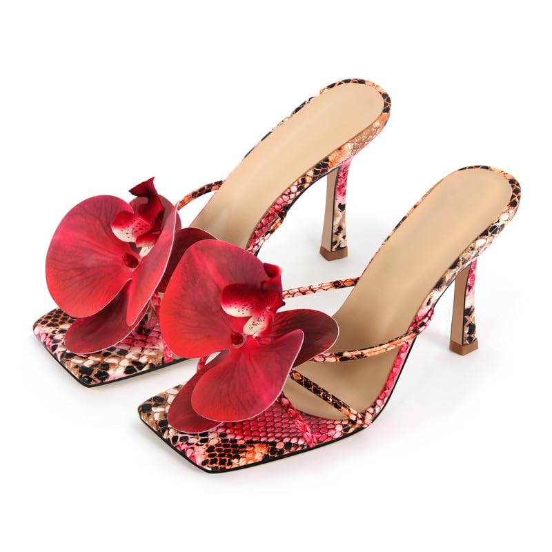 LISHAN Women's Flower Decoration High Heels Square Open Toe Slip On Heeled Sandals Stilettos Slipper