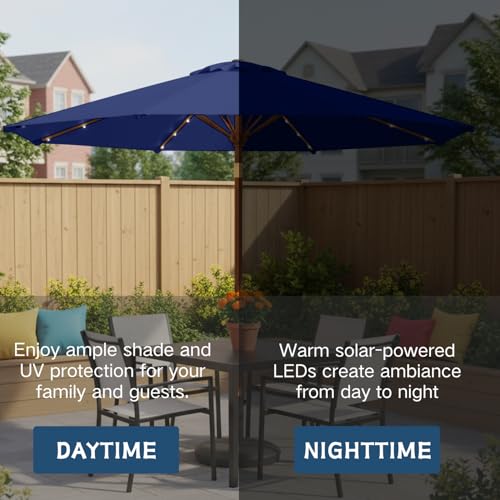 Image of 9' Solar LED Patio Umbrella with Tilt & Crank|8 Sturdy Ribs,UV Protection,Outdoor Market Table Umbrella for Deck,Lawn,Pool,Backyard(Navy)