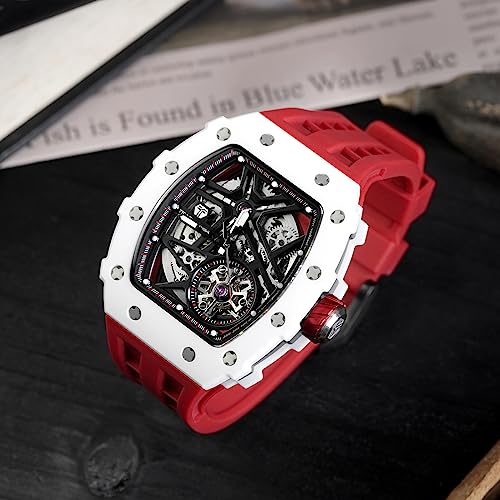 Image of TSAR BOMBA Men's Automatic Watch Tonneau Luxury Skeleton Watches for Men Mechanical 50M Waterproof Analogue Watches Mens Unique Cool Square Big Face Dial Wristwatch with Silicone Strap Band