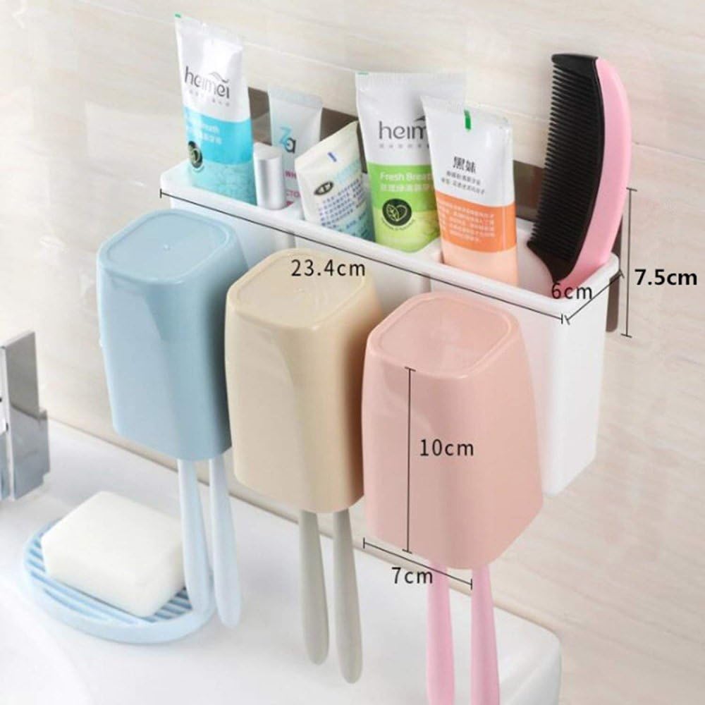 AJARVAR Premium Wall Mount Toothbrush Combination Holder with 3 Cups Self-Adhesive Bathroom Shower Storage Organizer 3