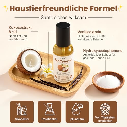 Hundeparfüm Spray – Kokos & Vanille Duft, 2-in-1 Deodorant & Pflegespray mit leichter Entfilzungswirkung für Hunde und Katzen, langanhaltender Frischeduft, nicht klebend – 120 ml