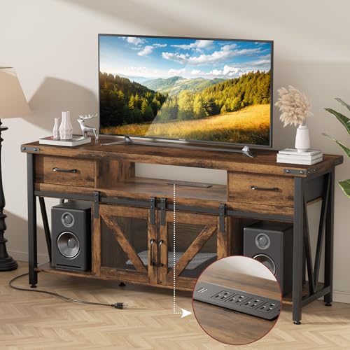 AntsandAnts TV Stand for 75 Inch TV,63 inch Wide Tall Rustic Brown TV Console Tables with Power Outlets and Storage,Wood Entertainment Center for Living Room,Bedroom
