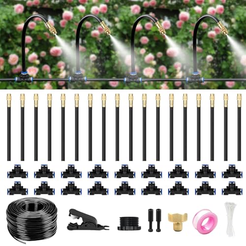 HEKIWAY 60FT Drip Irrigation System for Garden – Automatic Watering Kit with Solid Brass Metal Connectors, 360° Bendable Tubing &16 Adjustable Nozzles for Greenhouse, Lawn, Yard & Plants