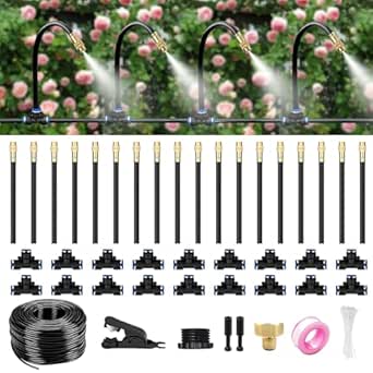 60FT Drip Irrigation System for Garden – Automatic Watering Kit with Solid Brass Metal Connectors, 360° Bendable Tubing &16 Adjustable Nozzles for Greenhouse, Lawn, Yard & Plants