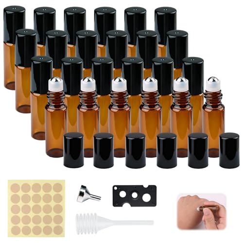 NIRJIK 24 botellas de 5 ml de color marrón roll on de cristal, botella vacía para aceite esencial, juego de rodillos de aceite con bolas de acero inoxidable, incluye pipetas, embudo, pegatinas