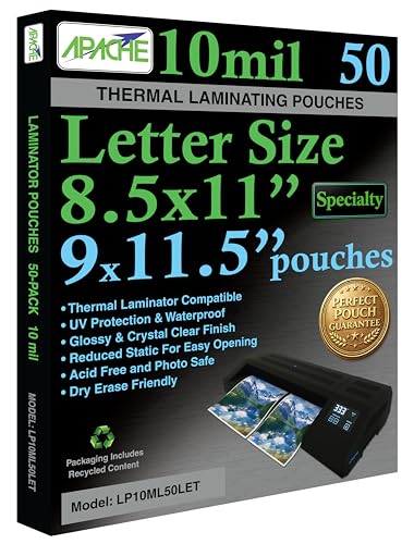 Image of Apache Letter Size Laminating Pouches, 10 Mil, 50 Pack, Seals in 5mil Laminator, Holds 8.5x11 Inch Projects (9x11.5 inch Pouch Size), Thermal Laminating Sheets, Clear, Round Corners, Specialty Line