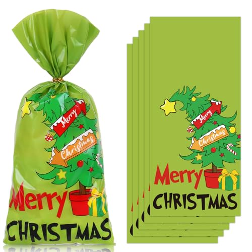 JarThenaAMCS 100Pcs Christmas Cellophane Bags with Twist Ties Green Xmas Tree Treat Bag Plastic Candy Goodie Bags for Birthday Baby Shower Party Favors Supplies