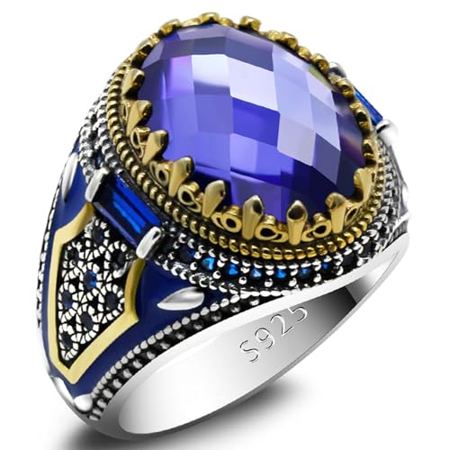 Turkish Jewelry Men's Ring With Blue Glass Stone 925 Sterling Silver Vintage King Crown CZ Enamel Ring Ladies and Men's Gifts