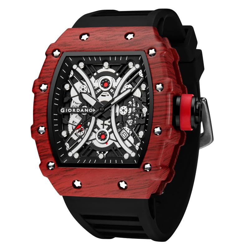 Image of Giordano Analog Square Watch for Men with Skeleton Design, Rugged Textured Case, Luminous Hands, and Silicone Strap