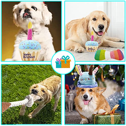 TEKCAM Hund Geburtstag Spielzeug, Hund Geburtstagstorte Spielzeug mit Geburtstagsmütze, Geburtstagsknochen, Haustier Eiscreme, Quietschendes Plüschtier, 4 Stück Hunde-Geburtstagsparty-Zubehör