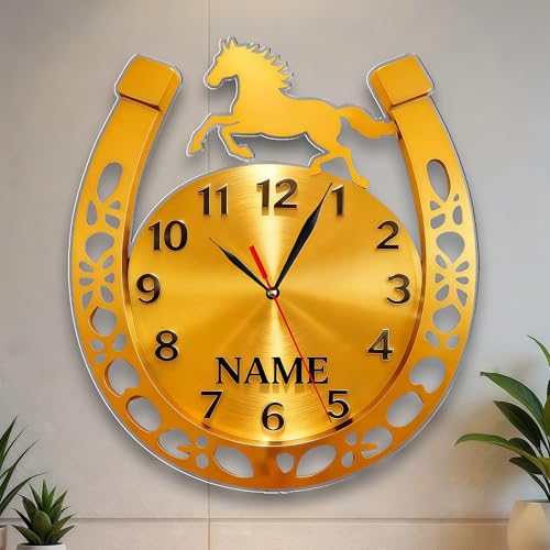 HCLRIU Horloge Murale Personnalisée en Fer à Cheval, Horloge Murale avec Nom Personnalisé sur Le Thème du Cheval, Cadeau d'anniversaire pour Les Hommes et...