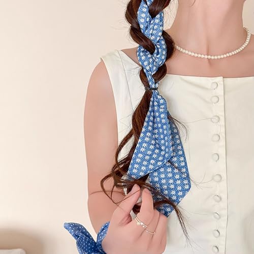 4 Pack Blue and White Pattern Hair Scarves, Neck Scarf Set with Polka Dot, Gingham, Floral Designs for Handbag, Purse Accessories4