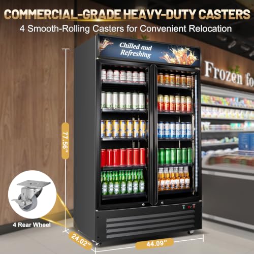 Image of Velivi Commercial Beverage Refrigerator, Double Glass Door Display Cooler, Upright Drink Merchandiser with LED Lighting, Auto Closing Doors