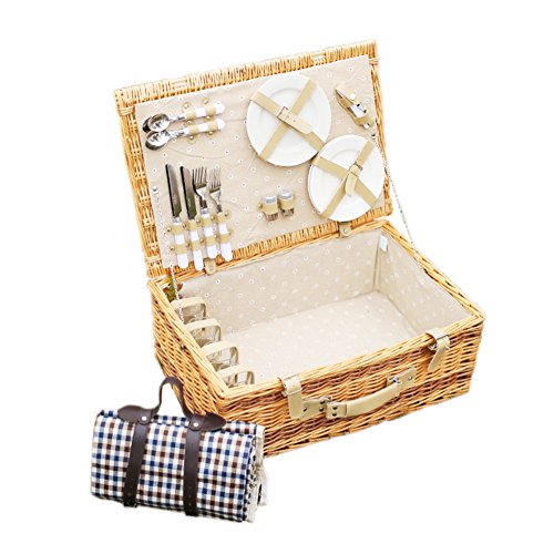 HM&DX Wicker picnic basket set for 4 with blanket family picnic hamper market lunch tote for camping hiking outing-A 56*35*20cm