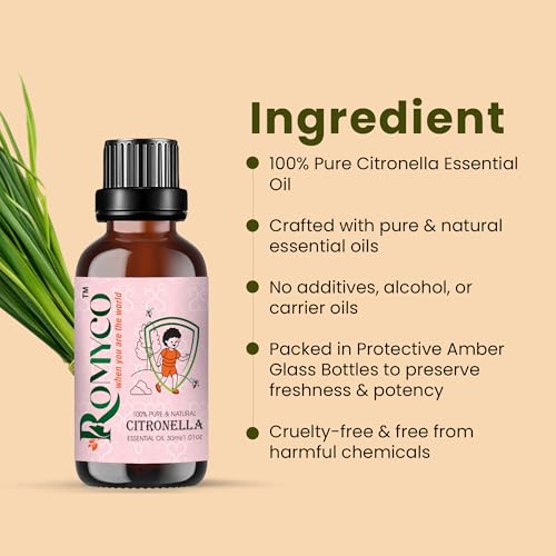 Image of Romyco Citronella Essential Oil 30ml | Natural Insect & Mosquito Repellent Oil | Therapeutic Grade Pure Natural Undiluted | Aromatherapy Diffuser