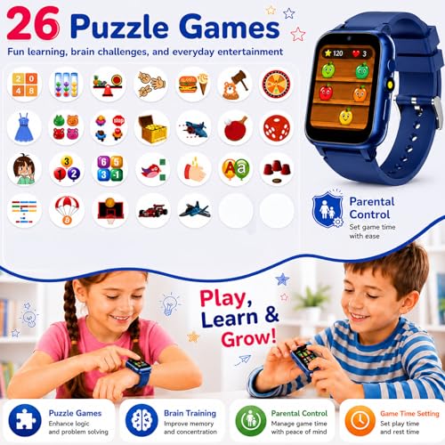 Image of Smart Watch for Kids, Girls Boys Smartwatch with 26 Games Camera Video Recorder and Player, Pedometer Calendar Flashlight, Audio Book etc., Gifts for 4-12 Years Children (Blue) | 26 Games, Camera Video Recorder and Player, Pedometer Calendar Flashlight, Audio Book, Toys Gifts For 4-12 Years Children