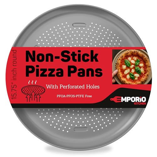 Emporio Kitchen Non-Stick Pizza Pan 1 Pack – 16 Inch Round Carbon Steel Pizza Tray with Perforated Holes, PFOAPFOSPTFE-Free, Dishwasher & Oven Safe Up To 450°F, Durable Nonstick Silver Coating