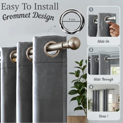 Image of 100% Blackout Window Curtains, 5 Feet, Solid Design, Faux Silk, Thermal Insulated, Noise Reducing Eyelet Door Curtain with Tie Back for Living Room & Bedroom, 115x150cm, Pack of 2 - Grey