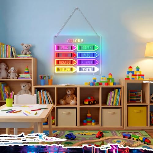 Image of Retisee 15.8 x 11 Inches Classroom Crayon Colors Neon Sign Back to School Colorful LED Neon Sign Crayon Wall Door for Classroom Playroom Kindergarten Hanger Decor