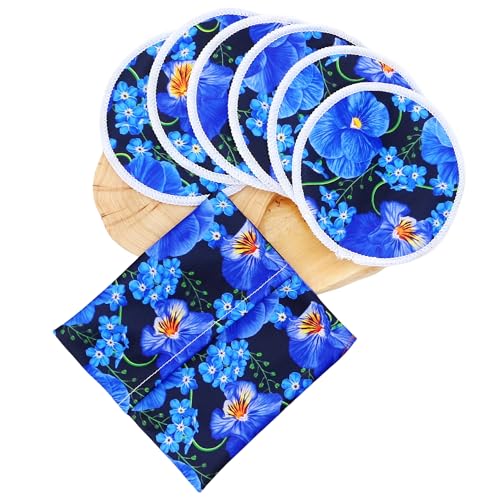 Asenappy Reusable Nursing Pads with Heart Pattern, White and Black, Washable Breastfeeding Pads with 1 Pouch (6+1blueflower)
