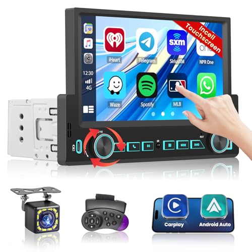 Hikity Autoradio Bluetooth 1 DIN Stereo Auto Bluetooth Compatibile con Wireless CarPlay & Android Auto 7 pollici Touchscreen Lettore Telecamera/FM/Ricarica Rapida per Auto