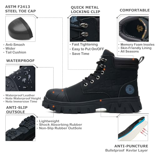 KELODON Waterproof Steel Toe Boots For Men 6 Inch Leather Steel Toe Shoes Non Slip Resistant Safety Work Boots Indestructible Lightweight Construction Boot2