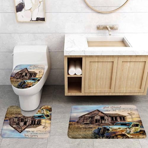Vintage Farm Truck 3 Pcs Bath Rugs Set,Rustic Wooden Barn American Old Antique Car Farmhouse Windmill Western Country Bathroom Kitchen Rug with 16