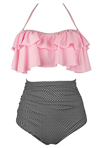 COCOSHIP Light Pink & Black Striped Retro Boho Flounce Falbala High Waist Bikini Set Chic Swimsuit Bathing Suit L(US8)