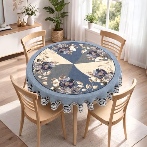 Image of Cloth Fusion Velvet Floral Round Shape Dining Table Cover Cloth 4 Seater with Stunning Gold Foil Design for Home Decor (60 Inch Round, Blue)