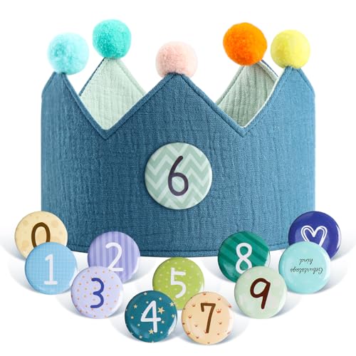 Geburtstagskrone Kinder, Baumwolle Geburtstag Krone, Geburtstag Kinderkrone, Geburtstag Junge & Mädchen, Buttons mit Zahlen von 0-9, Kinder Partyhüte, Party Deko für den Kindergeburtstag (Grün)