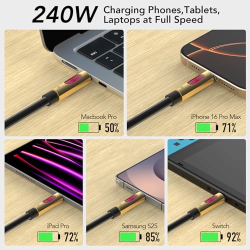 Image of MFish 240W USB-C to USB-C Cable (PD 3.1 EPR), 480Mbps Speed, Fast Charging Type C Cable for MacBook Pro /Air, iPhone 17 /16 Pro, Galaxy S25 /S24, Laptops, iPad, Durable Silicone, 6FT Black
