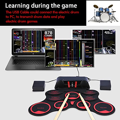summina Tragbares E-Drum-Set Digitales MIDI-Roll-Up-Drum-Kit 9 Silikon-Durm-Pads Eingebaute Stereo-Lautsprecher Wiederaufladbare Lithium-Batterie mit 2 Fußpedalen für Kinder Kinder Anfänger - Image 7