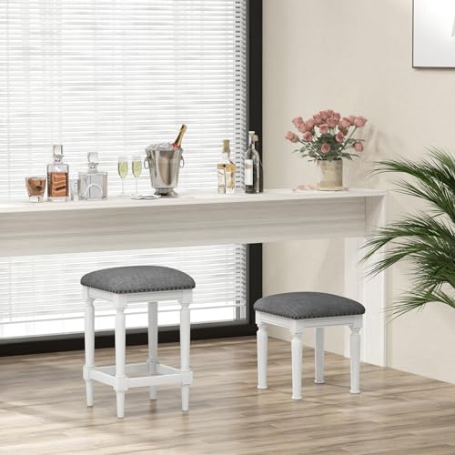 Conjunto de 4 butacos tapizados COSTWAY, ajustables en 3 alturas (31"/27"/19"), sin respaldo, cuadrados, con reposapiés, asientos acolchados, estructura de madera de caucho, para isla de cocina miniatura 4