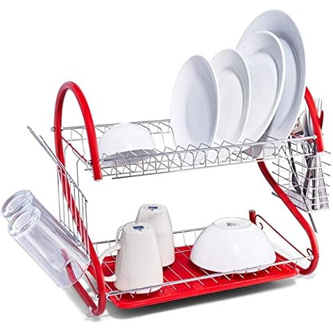 PKGE Red 2 Tier Stainless Steel Dish Drainer, 18 inch Rack Holder, Storage Rack with Drip Tray for Plates Mug Cup Glass Cutlery and Kitchen Accessories Over The Sink Cover