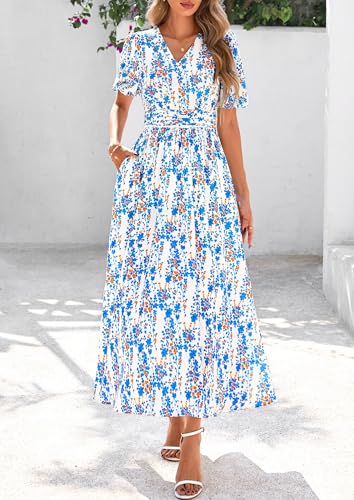 Image of PRETTYGARDEN Womes Boho Maxi Dresses 2026 Summer Spring V Neck Puff Sleeve Empire Waist A Line Flowy Long Beach Floral Dress
