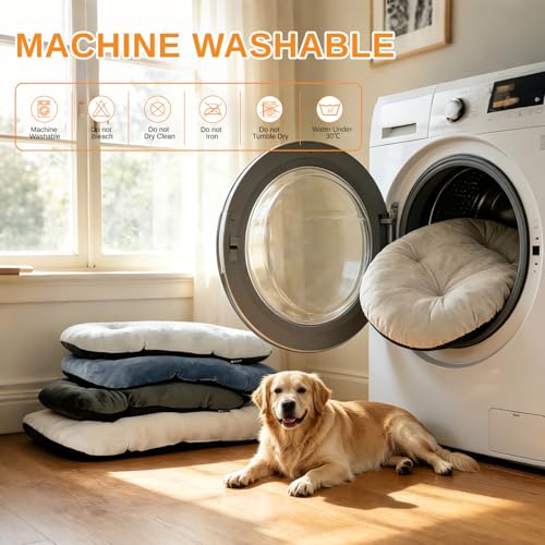 Image of Washable Oval Dog Bed forX-Large Dogs,Silver-Tipped High-Resilience,Beige | Non-Slip Bottom Prevents Sliding, Soft Plush Short Fur, Machine Washable, Ideal for Crates /Apartments /Cozy Nooks,41 inchx27 inchx3.6 inch