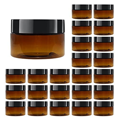 24 Pack 2 OZ (60ml) Amber Plastic Jars With Lids, 12 Spatulas, A Pen, Labels - PET Storage Container for Cosmetic, Cream, Gel, Lotion-Beauty Travel Jars Plastic Slime Jars
