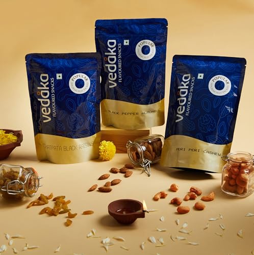 Image of Amazon Brand - Vedaka Flavored Dry Fruits | Gift Box | 500 Gram | Peri Peri Cashews 150 G, Black Pepper Almonds 150 G, Chatpata Black Raisins 200 G