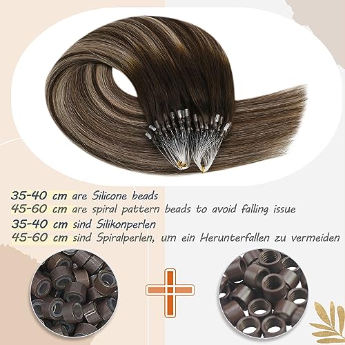 Ugeat 24 inch Micro Beads Hair Extensions Real Human Hair Dark Brown Balayage Micro Hair Extensions Real Human Hair Ash Blonde Ombre Brown 50G/50S #4/18/4 - Image 3